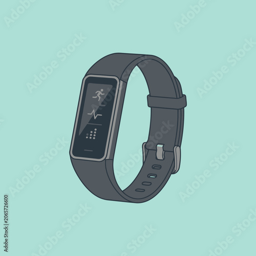 A grey fitness tracker illustration on a mint background