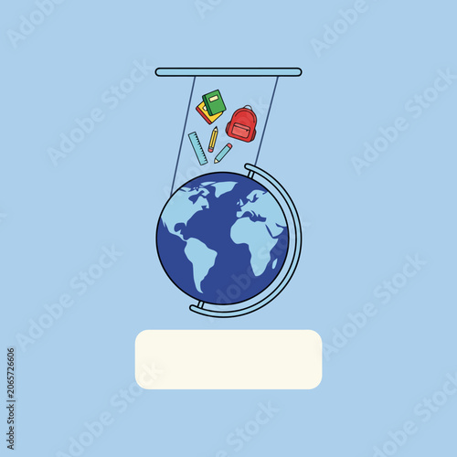A globe with school supplies floating above on a blue background