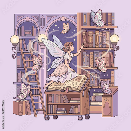 A magical fairy reaches for a book in a whimsical library