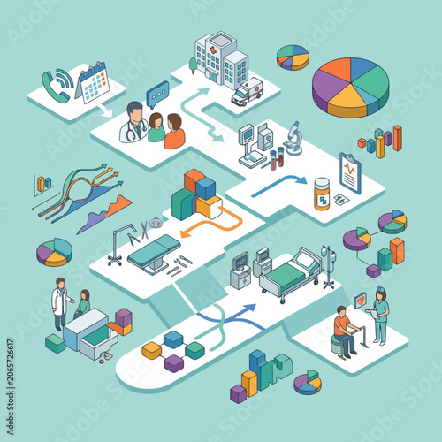 Isometric vector illustration of a hospital workflow infographic