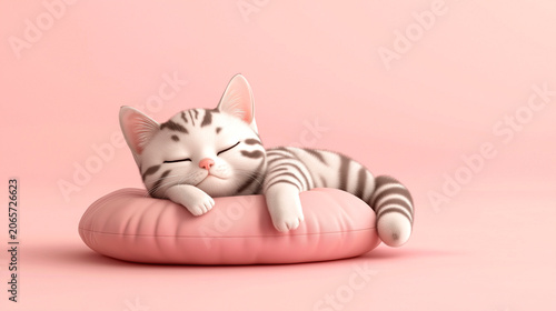 Cartoon style tabby cat lying on round pillow during quiet afternoon nap in cozy room