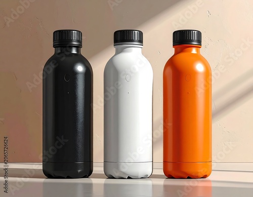 Three plastic bottles in black, white, and orange on a table