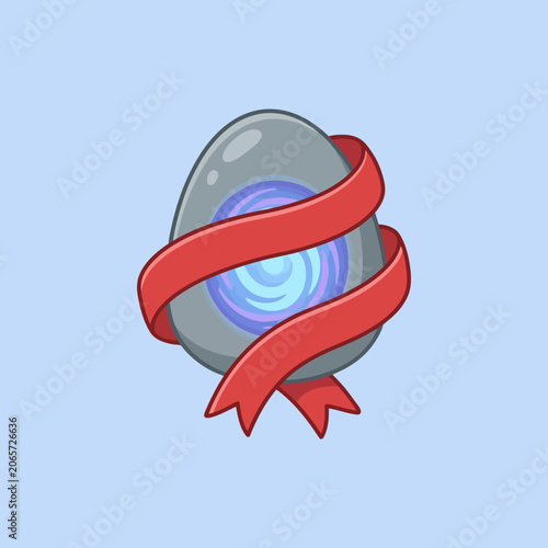 A grey stone egg wrapped in a bright red ribbon gift