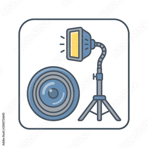 Flat illustration of a camera lens and studio lighting gear