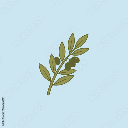 Green olive branch illustration on a solid light blue background