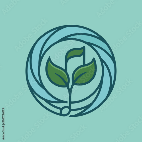A circular emblem featuring a musical note and green leaves