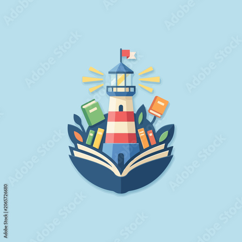 A stylized illustration of a lighthouse rising from open books