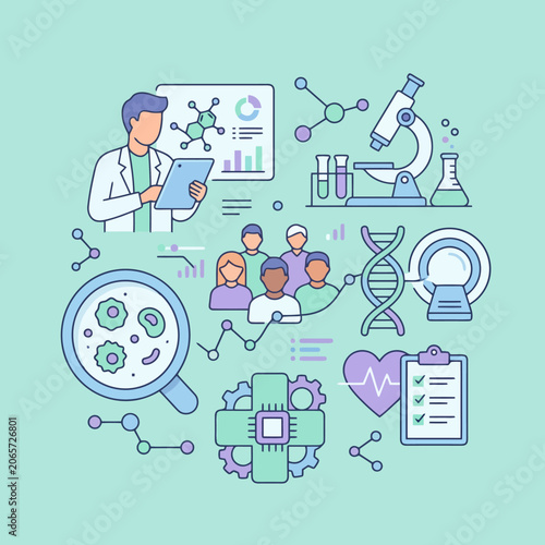Flat vector illustration of medical research and biotechnology