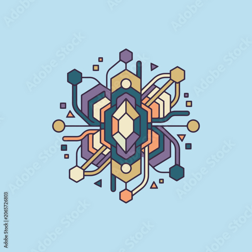 A symmetrical geometric pattern featuring abstract digital circuit elements