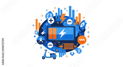 Flat Vector Illustration of Electric Battery Technology and Sustainable Energy Storage with Scooter and Charging Icons for E-mobility Concepts