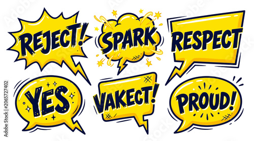 Yellow comic style bubbles with proud and reject text.