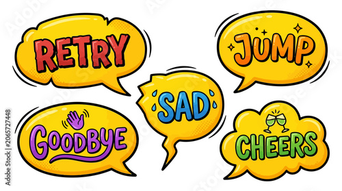 Yellow comic speech bubbles with Retry Sad Jump Goodbye Cheers.