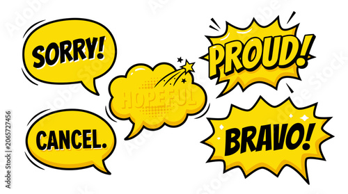 Yellow comic speech bubbles with sorry and bravo text.