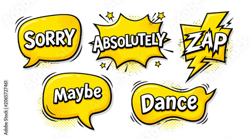 Yellow comic speech bubbles with Sorry and Zap text.