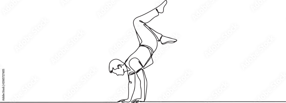 Fototapeta premium Continuous one line drawing young guy balanced on one hand in inverted freeze with leg bent and raised high. one line Icon drawing