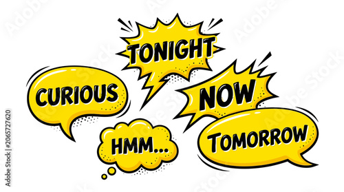 Yellow comic speech bubbles with time related text