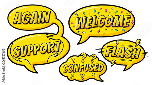 Yellow comic speech bubbles with welcome and support text.
