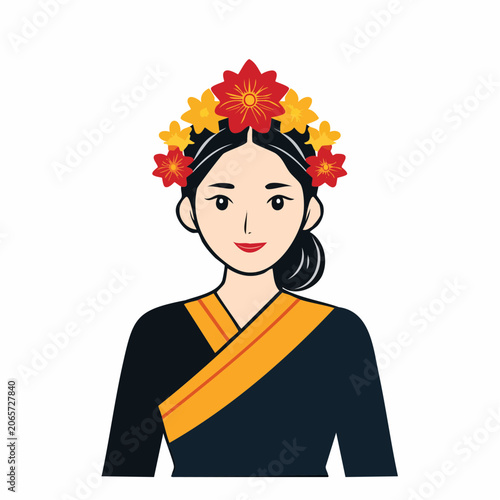 Illustration of a Woman in Traditional Attire with Flower Headdress
