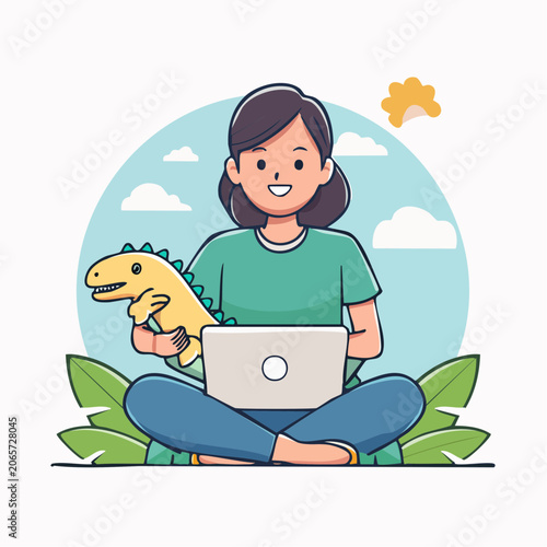 Woman with Dinosaur Toy Working on Laptop Outdoors