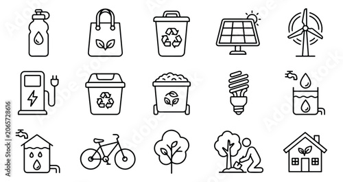 Quadro su tela Eco friendly line icons set, 15 sustainable energy and recycling vector symbols,