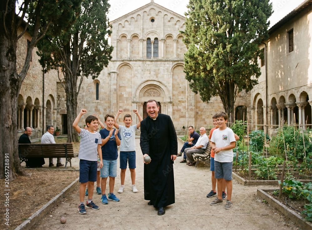 Obraz premium A joyful clergyman playfully engages with spirited young boys within a historic monastery courtyard fostering spiritual guidance intergenerational community and youthful discovery amidst ancient archi