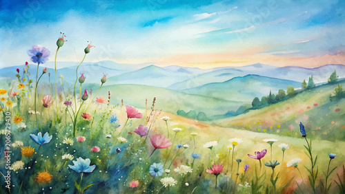 Watercolor landscape painting of a vibrant wildflower meadow with rolling hills and mountains at sunrise