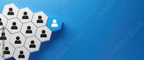 Isometric hexagonal tiles with white and blue human on blue background