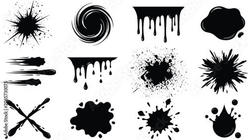 Photos Collection of black ink splatters paint drops drips and grunge liquid blot eleme