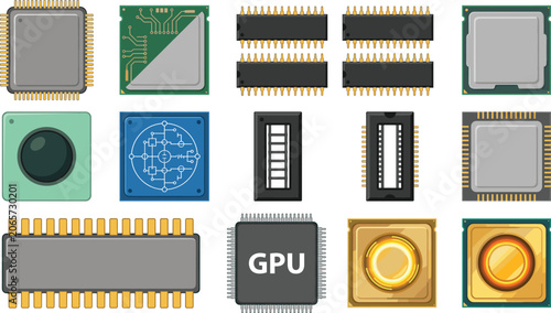 Obraz na płótnie Collection of computer microchips processors and integrated circuit elements wit