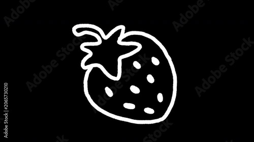 Transparent background hand-drawn 2D loop animation of a strawberry with a wiggly doodle line effect. Minimalist white line art icon for organic design, cute food motion graphics, and social media.
