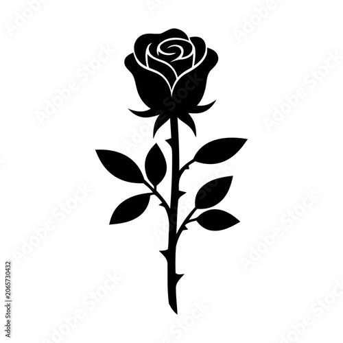 Bold Black Rose Silhouette Tattoo with Leaves Vector
