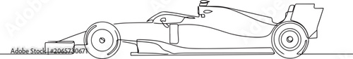 Continuous one line drawing Formula One racing car, emphasizing the intricate front wing and tire detail. one line Icon drawing