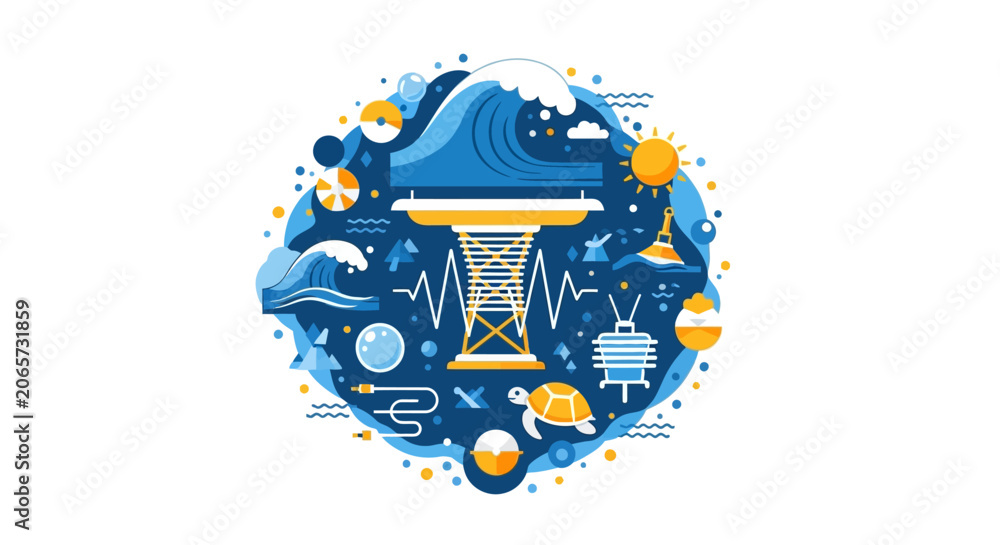 Naklejka premium Ocean Wave Energy Conversion Illustration - Renewable Marine Power and Sustainable Technology Concept for Clean Electricity Production