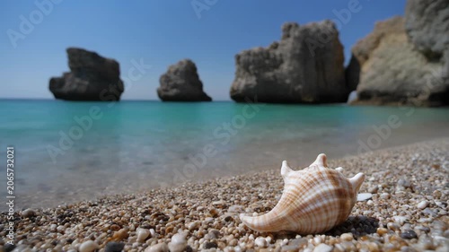 Seashell on pebble beach, turquoise sea, rock stacks, sunny