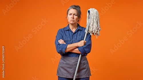 Slow zoom in: woman janitor with mop and bucket, arms crossed, scowling against plain orange studio backdrop; solid background, neutral lighting.