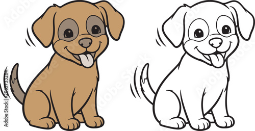 Cute Puppy Coloring Page and Color Vector Illustration