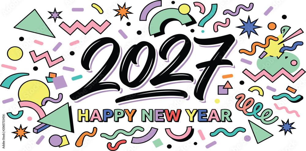 Fototapeta premium Happy New Year 2027 Memphis Style Banner with Colorful Abstract Geometric Shapes Confetti and Handwritten Typography Vector Illustration