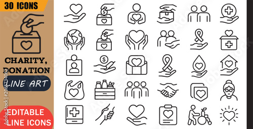 Obraz na płótnie Isolated humanitarian aid icons set, 30 editable line art icons set, charity don