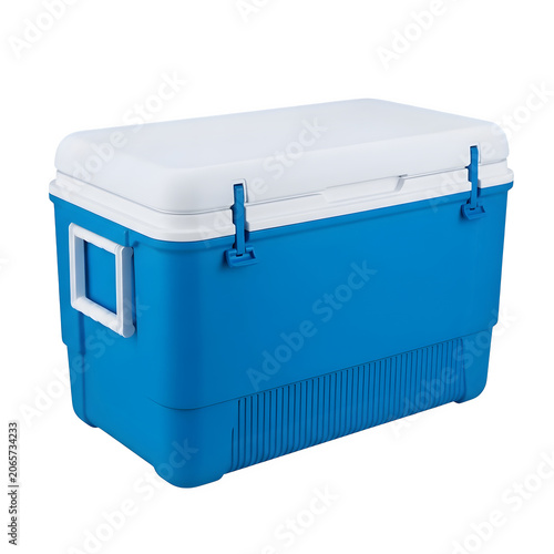 Rectangular blue and white plastic cooler box with side handles and secure latches for keeping food and drinks cold during travel isolated on a transparent background