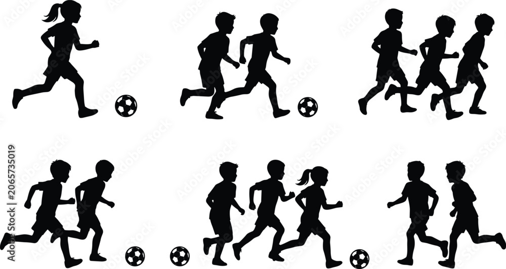 Obraz premium Silhouettes of kids playing football and running with soccer ball isolated on white background vector set