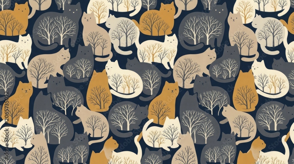 Halloween cats and bare trees seamless pattern spooky autumn design for textiles and surface decoration