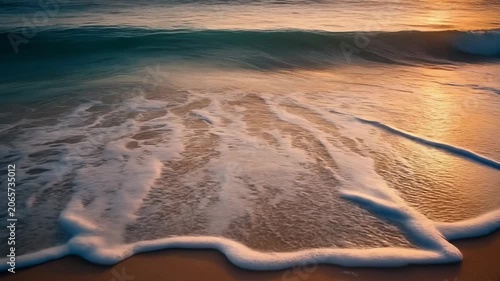 Waves gently touching golden sand, bathed in a warm, sunset glow