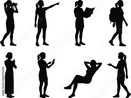 Cuadro en lienzo Women Silhouettes Set Representing Travel Tourism Leisure Activities and Daily L