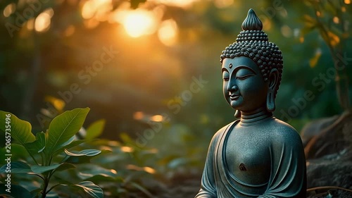 Buddha statue amidst greenery, sunlit