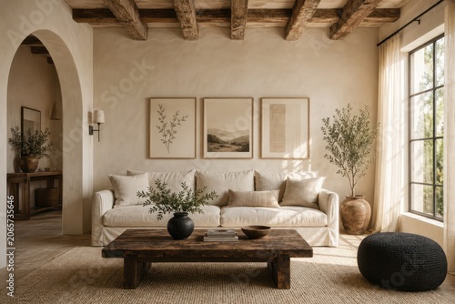 Modern living room interior with fireplace, luxury furniture, sofa, chairs, table, large window, elegant decor, and cozy home design space