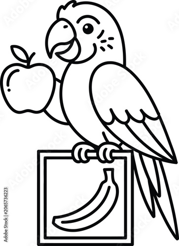 Parrot vector icon illustration with banana and apple, wildlife