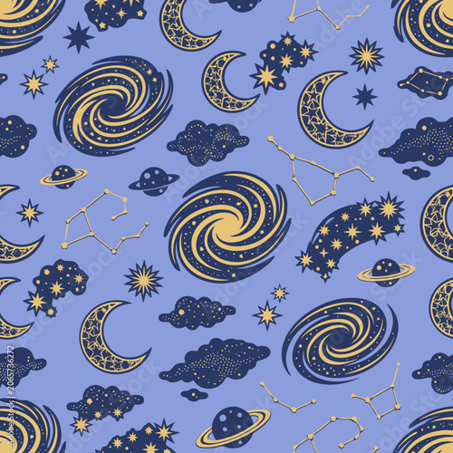 Slika na platnu A seamless pattern featuring celestial bodies on a blue background