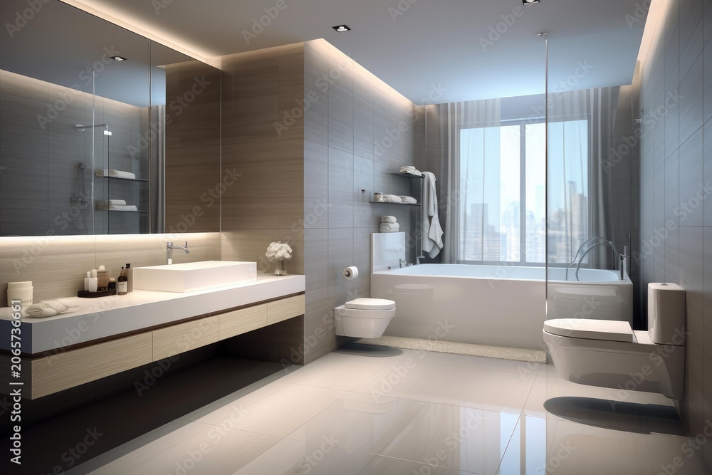 Fototapeta premium Contemporary bathroom featuring sleek fixtures, neutral tones, and a city view