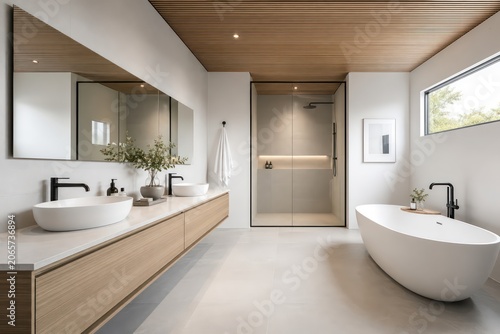 Modern bathroom interior with white tiles bathtub mirror shower sink toilet glass window and luxury clean contemporary design