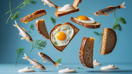 Floating slices of brown bread, fried eggs, and goldfish arranged artistically against a blue background, garnished with dill and dollops of creamy sauce